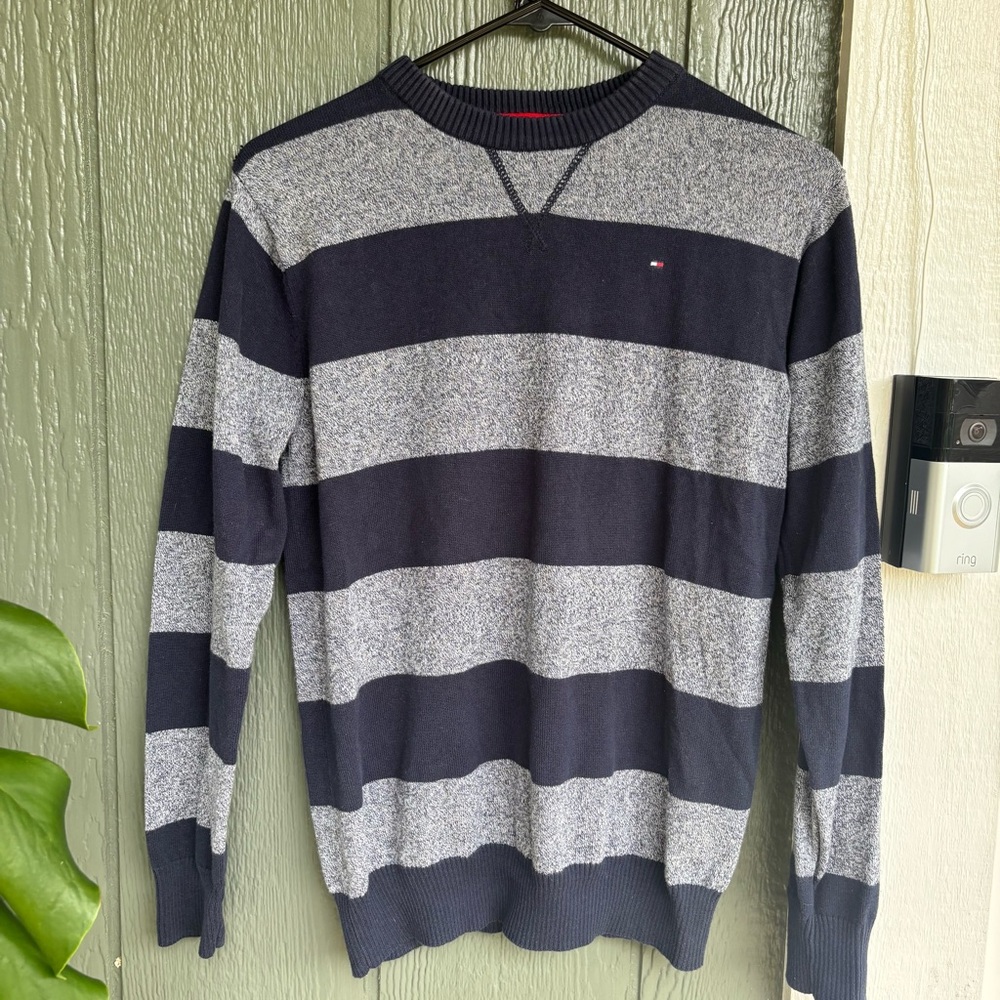 Tommy Hilfiger Boys Navy & Gray Stripe Crewneck Sweater | Size LG 16/18